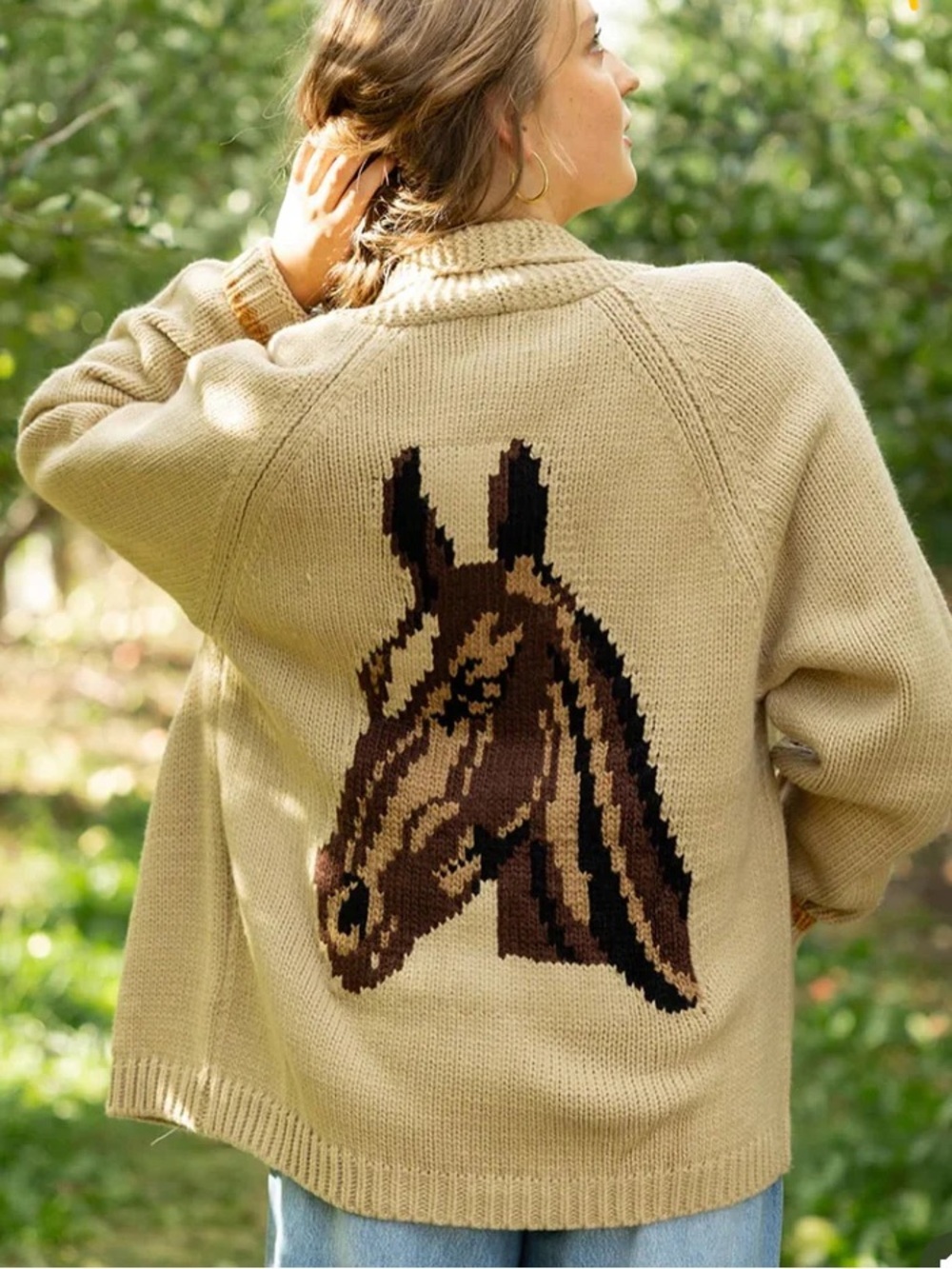 Horse knit cardigan sweater button down shawl collar ivory western equestrian